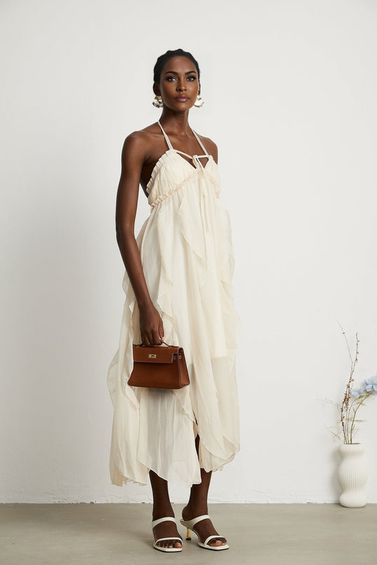 Mariuccia Neutrals Halter Neck A-line Midi Dress Polyester Cotton
