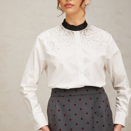 Mariuccia White Crystal Embellished Shirt with Color Blocked Pattern