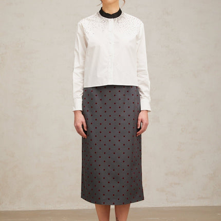 Mariuccia White Crystal Embellished Shirt with Color Blocked Pattern and Buttoned Cuffs