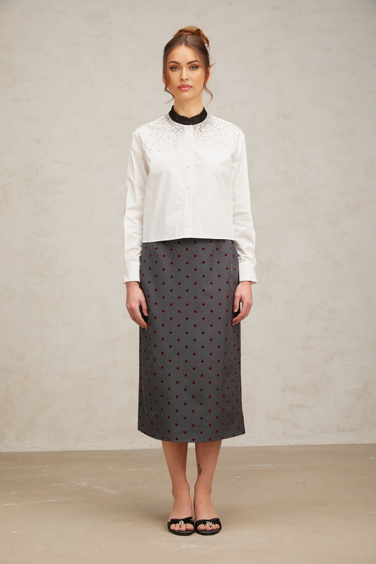 Mariuccia White Crystal Embellished Shirt with Color Blocked Pattern and Buttoned Cuffs