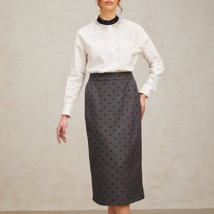 Mariuccia White Crystal Embellished Shirt with Color Blocked Pattern and Buttoned Cuffs