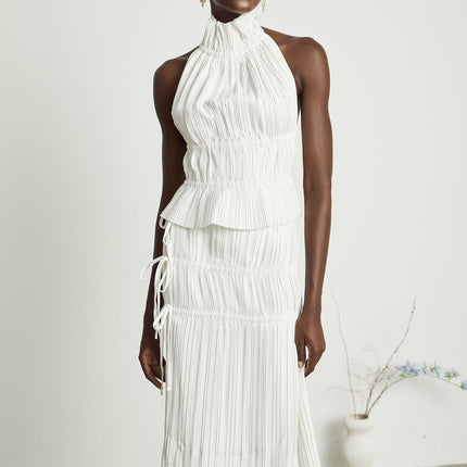 Mariuccia White Skirt Top Set Polyester Pleated Open Back High Rise Elegant