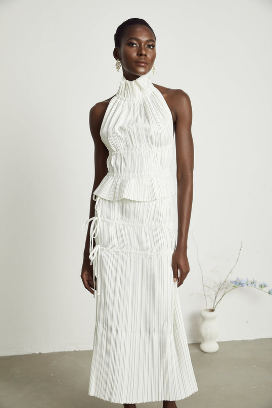 Mariuccia White Skirt Top Set Polyester Pleated Open Back High Rise Elegant
