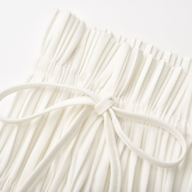 Mariuccia White Skirt Top Set 100 Percent Polyester Elegant Pleats Side Slit Spaghetti Detailing High Rise Waist Open Back Design Ankle Length Hem Luxury Opulent