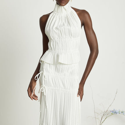 Mariuccia White Skirt and Top Set 100 Polyester Pleated Ankle Length