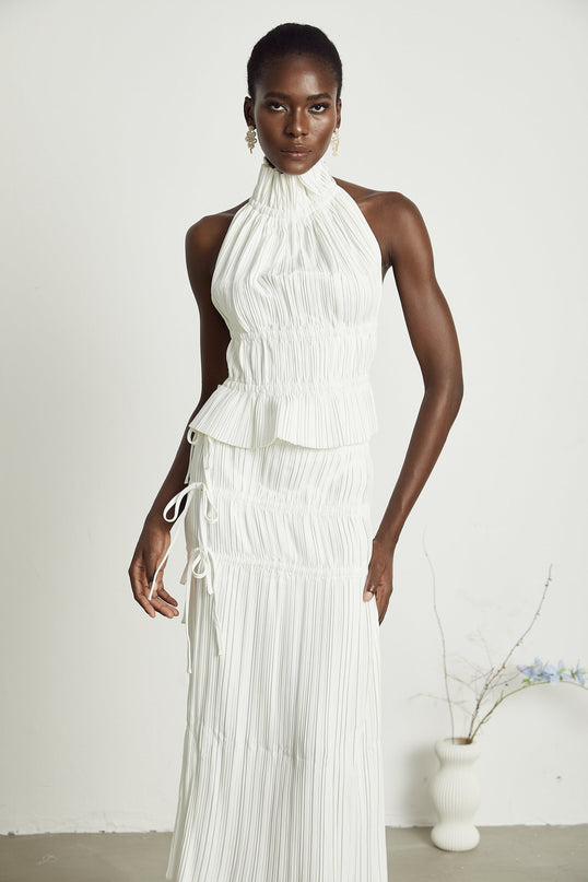 Mariuccia White Skirt and Top Set 100 Polyester Pleated Ankle Length