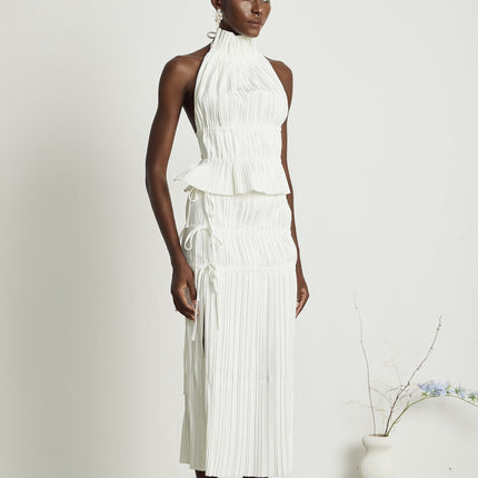 Mariuccia White Skirt Top Set Polyester Pleated Elegant Open Back High Rise Spaghetti Detailing Side Slit Ankle Length