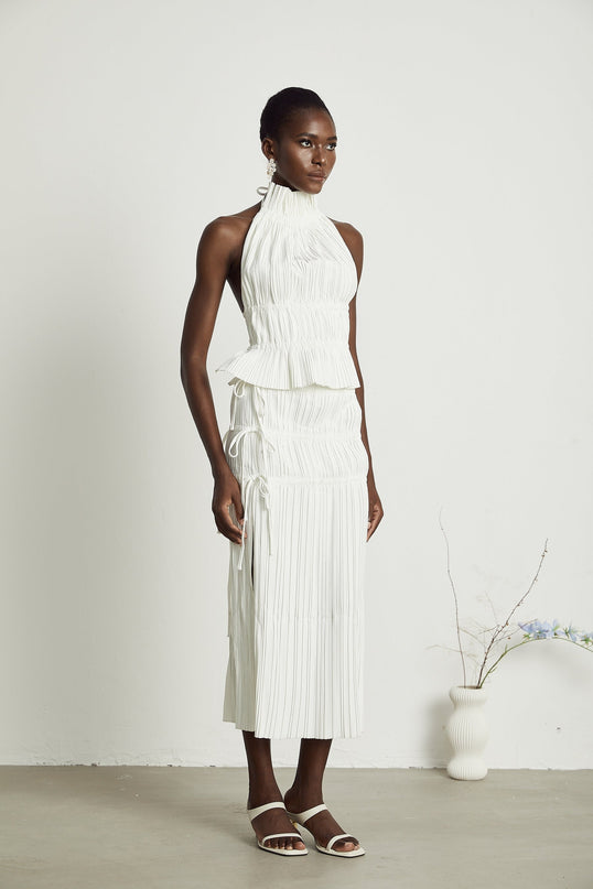 Mariuccia White Skirt Top Set Polyester Pleated Elegant Open Back High Rise Spaghetti Detailing Side Slit Ankle Length