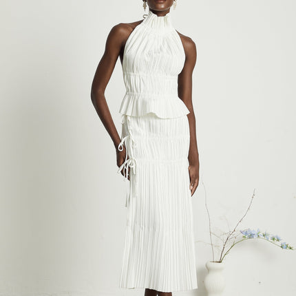 Mariuccia White Skirt and Top Set 100 Percent Polyester Ankle-Length Hem Side Slit