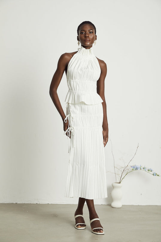 Mariuccia White Skirt and Top Set 100 Percent Polyester Ankle-Length Hem Side Slit
