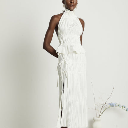 Mariuccia White Skirt Top Set Polyester Elegant Pleated Open Back Spaghetti Detailing Side Slit Luxury High Rise
