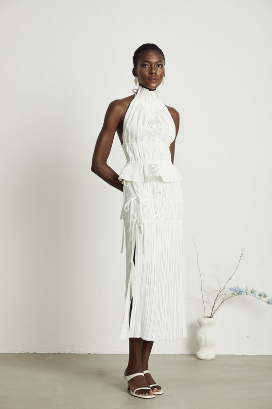 Mariuccia White Skirt Top Set Polyester Elegant Pleated Open Back Spaghetti Detailing Side Slit Luxury High Rise