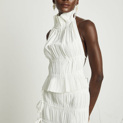 Mariuccia White Skirt Top Set Polyester Pleated Open Back Ankle Length Side Slit Spaghetti Detailing Luxury