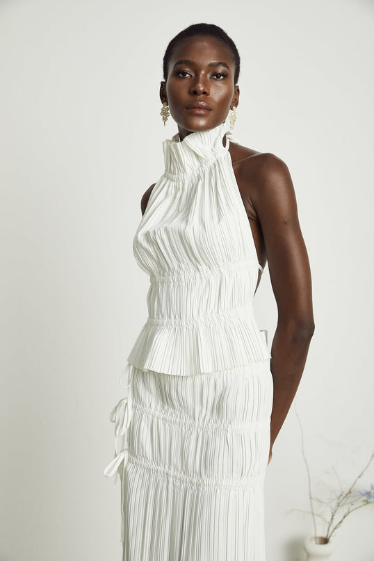 Mariuccia White Skirt Top Set Polyester Pleated Open Back Ankle Length Side Slit Spaghetti Detailing Luxury