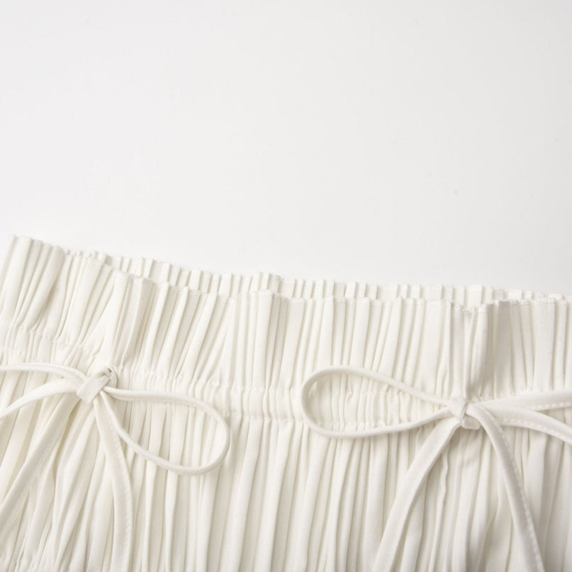 Mariuccia White Skirt Top Set Polyester Elegant Pleats Spaghetti Detailing Ankle Length Side Slit Luxury High Rise Waist Opulent
