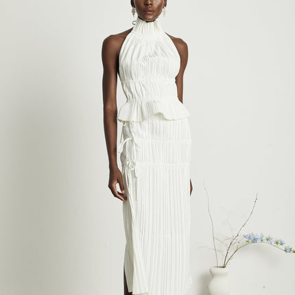Mariuccia White Skirt Top Set Polyester Pleats Slit Spaghetti Detailing