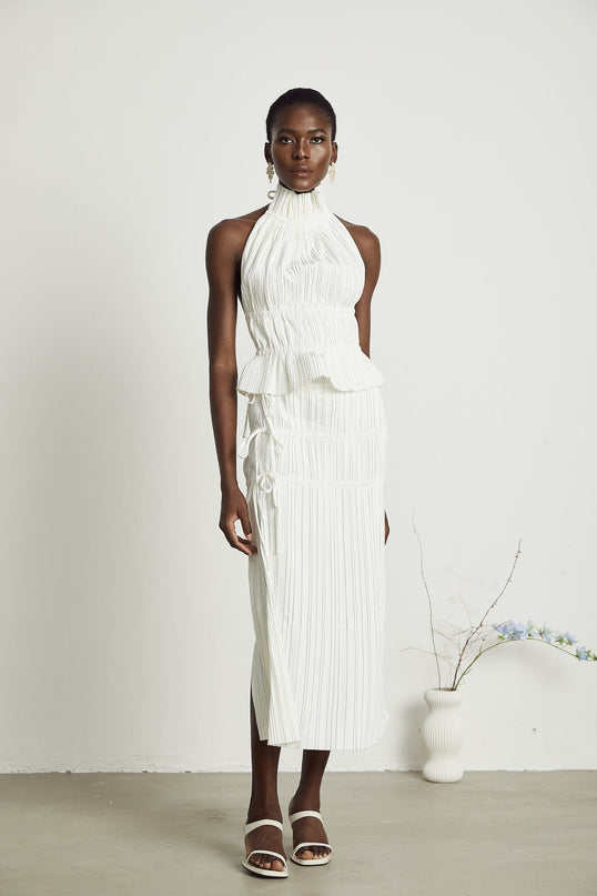 Mariuccia White Skirt Top Set Polyester Pleats Slit Spaghetti Detailing