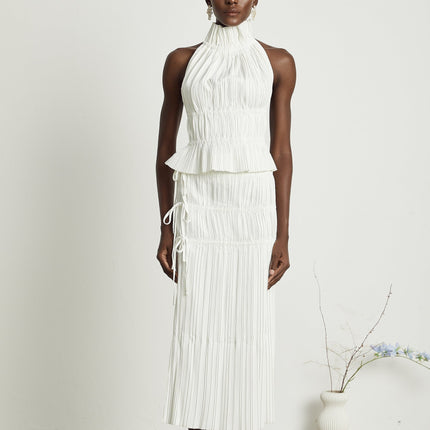 Mariuccia White Skirt Top Set Polyester Pleated Open Back Spaghetti Detailing Ankle Length Side Slit High Rise Waist Luxury Elegant Opulent