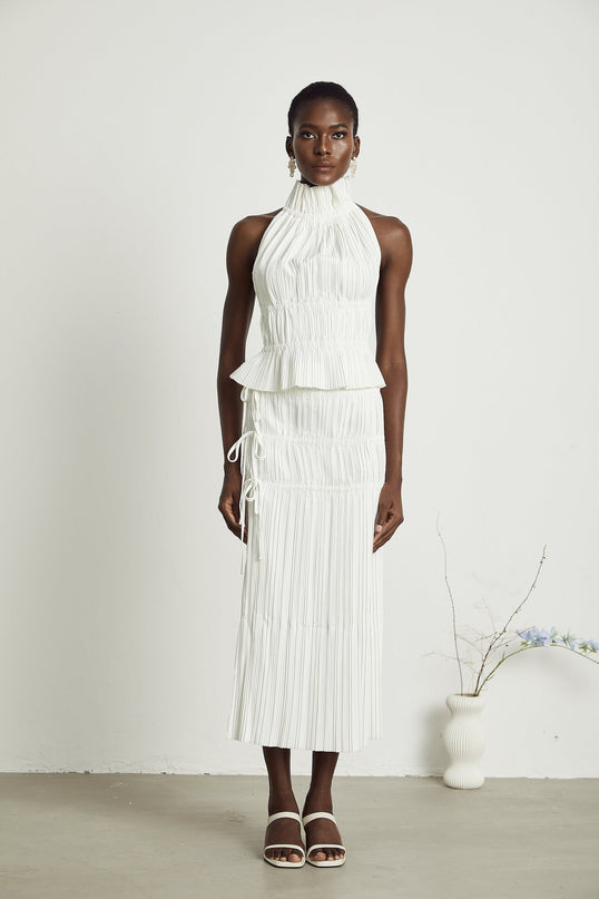 Mariuccia White Skirt Top Set Polyester Pleated Open Back Spaghetti Detailing Ankle Length Side Slit High Rise Waist Luxury Elegant Opulent