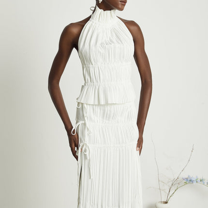 Mariuccia White Skirt and Top Set 100% Polyester Elegance Pleats Slit Spaghetti Detailing Luxury