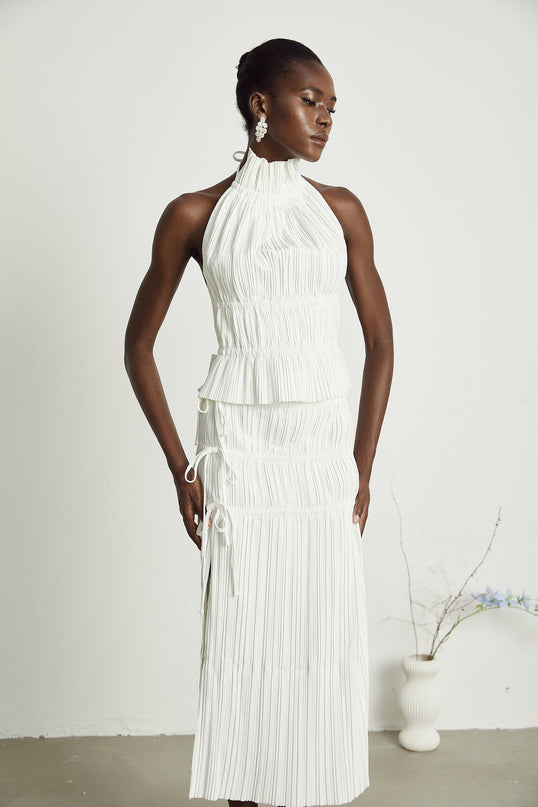 Mariuccia White Skirt and Top Set 100% Polyester Elegance Pleats Slit Spaghetti Detailing Luxury