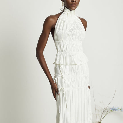 Mariuccia White Skirt and Top Set 100 Percent Polyester Elegant Pleating and Spaghetti Detailing