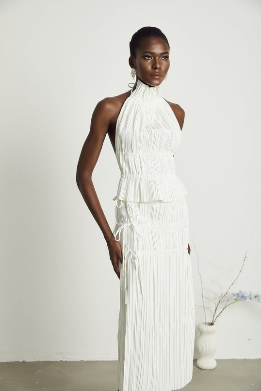 Mariuccia White Skirt and Top Set 100 Percent Polyester Elegant Pleating and Spaghetti Detailing