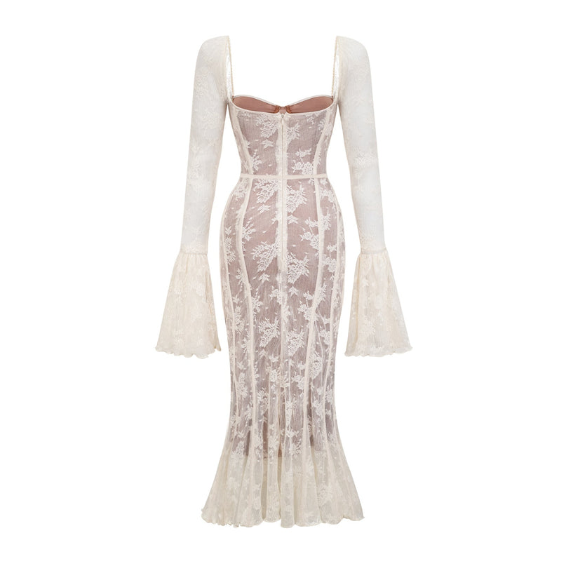 Marlene flared lace maxi dress in White