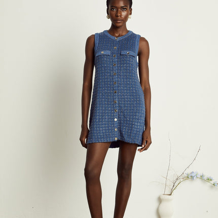 Marley Blue Sequin Mini Dress Sleeveless Straight Silhouette Captivating Sequin Detailing Faux Pocket Embellishments Round Neck Front Button Fastening Thigh-Length Design Luxurious Blend Polyamide Viscose Polyester Refined Elegance