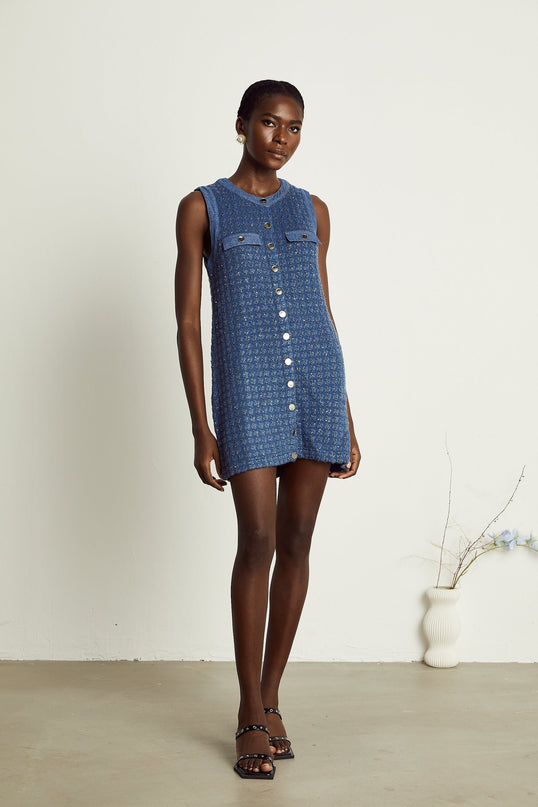 Marley Blue Sequin Mini Dress with Faux Pocket Embellishments
