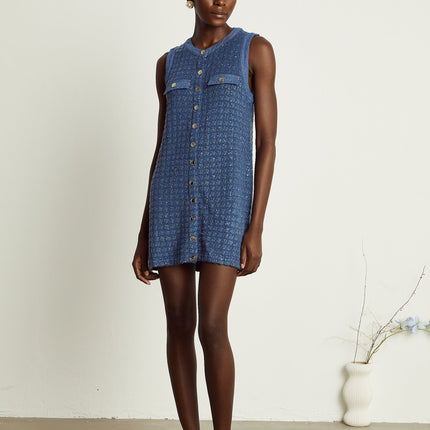Marley Blue Sequin Mini Dress straight silhouette sequin detailing faux pocket embellishments round neck front button fastening thigh-length design luxurious blend Polyamide Viscose Polyester refined elegance