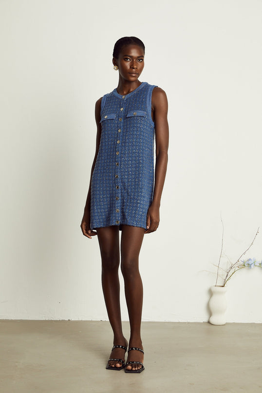 Marley Blue Sequin Mini Dress straight silhouette sequin detailing faux pocket embellishments round neck front button fastening thigh-length design luxurious blend Polyamide Viscose Polyester refined elegance