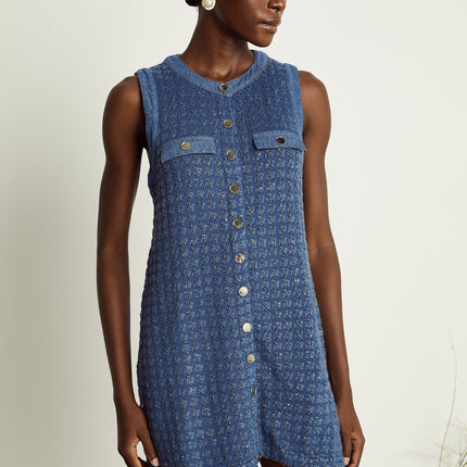 Marley Blue Sequin Mini Dress Sleeveless Straight Silhouette Faux Pocket Embellishments Round Neck Front Button Fastening Thigh-Length Design Luxurious Blend Polyamide Viscose Polyester Refined Elegance