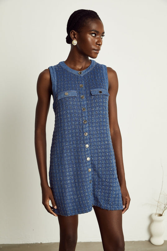 Marley Blue Sequin Mini Dress Sleeveless Straight Silhouette Faux Pocket Embellishments Round Neck Front Button Fastening Thigh-Length Design Luxurious Blend Polyamide Viscose Polyester Refined Elegance