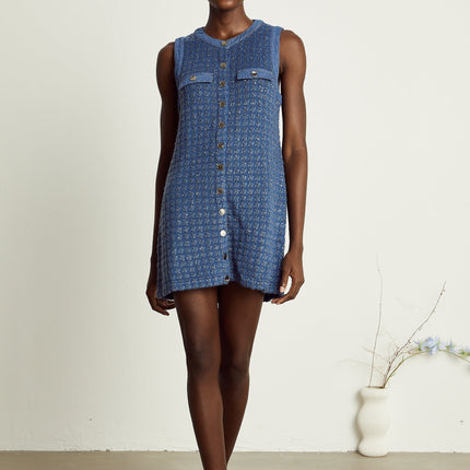 Marley Blue Sequin Mini Dress Sleeveless Straight Silhouette Captivating Detailing Faux Pocket Embellishments Round Neck Front Button Fastening Thigh-Length Design Luxurious Blend Polyamide Viscose Polyester Refined Elegance