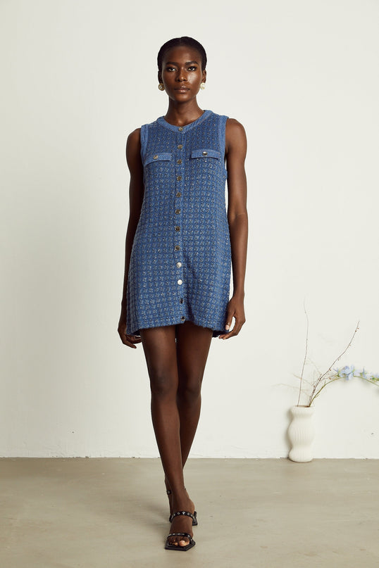 Marley Blue Sequin Mini Dress Sleeveless Straight Silhouette Captivating Detailing Faux Pocket Embellishments Round Neck Front Button Fastening Thigh-Length Design Luxurious Blend Polyamide Viscose Polyester Refined Elegance