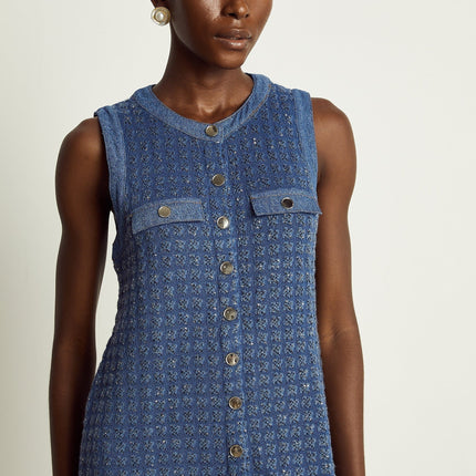 Marley Blue Sequin Mini Dress Sleeveless Straight Silhouette Faux Pocket Embellishments Round Neck Front Button Fastening Thigh-Length Luxurious Blend Polyamide Viscose Polyester Refined Elegance
