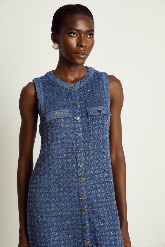 Marley Blue Sequin Mini Dress Sleeveless Straight Silhouette Faux Pocket Embellishments Round Neck Front Button Fastening Thigh-Length Luxurious Blend Polyamide Viscose Polyester Refined Elegance