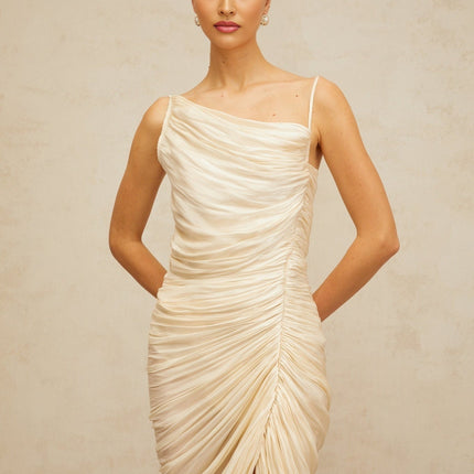 Marley Yellow Glossy Ruched Midi Dress