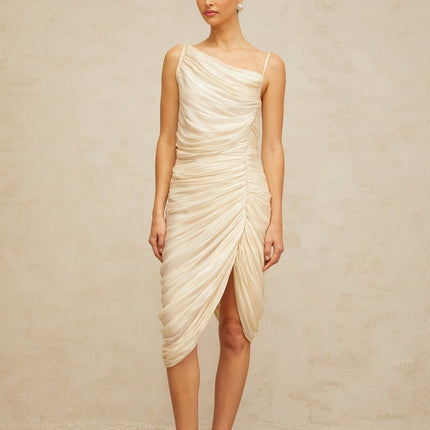 Marley Yellow Glossy Ruched Midi Dress with Mono Shoulder Design