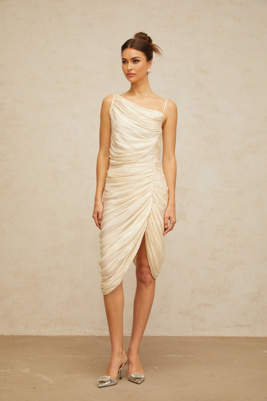 Marley Yellow Glossy Ruched Midi Dress with Mono Shoulder Design