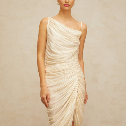 Marley Yellow Glossy Ruched Midi Dress