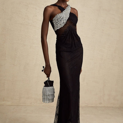 Marta Black Lace Crystal Embellished Maxi Dress