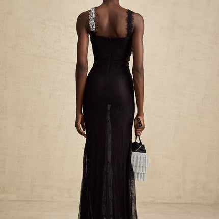 Marta Black Lace Crystal Maxi Dress
