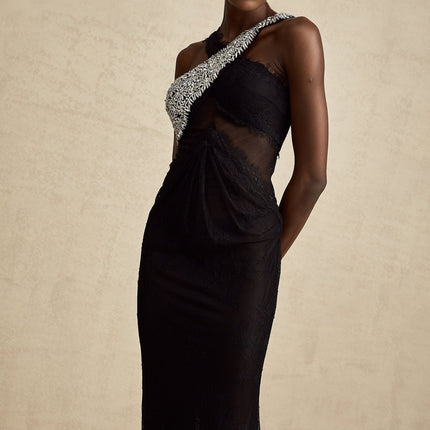 Marta Black Lace Maxi Dress with Crystal Embellishments