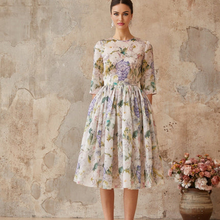 Marta Midi Dress Neutrals Floral Print Shirred Effect Flounce Hem Cinched Waist Half Sleeves Rear Zip Fastening