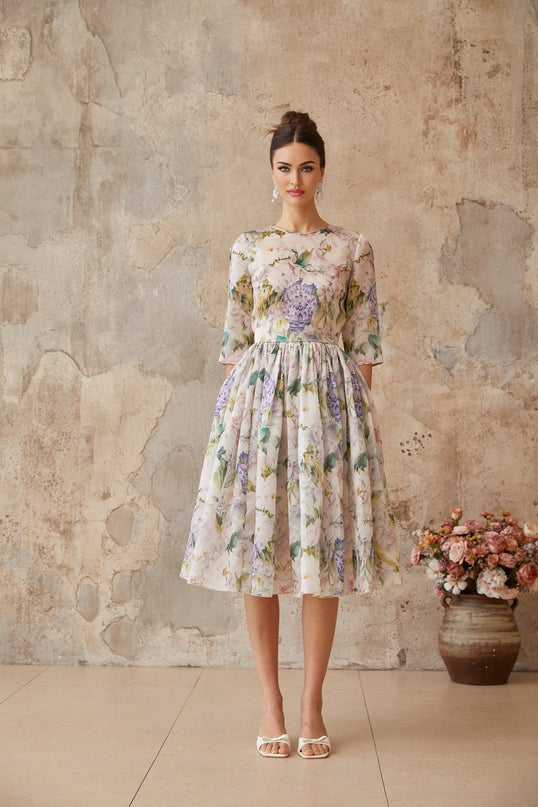 Marta Midi Dress Neutrals Floral Print Shirred Effect Flounce Hem Cinched Waist Half Sleeves Rear Zip Fastening