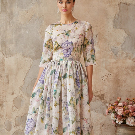 Marta Midi Dress Neutrals Floral Print Shirred Effect Flounce Hem Cinched Waist Half Sleeves Rear Zip Fastening