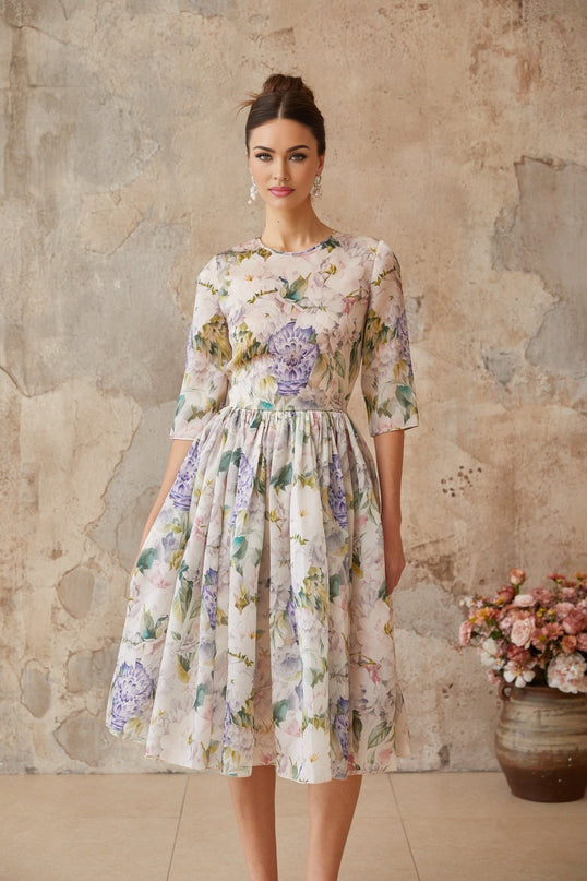 Marta Midi Dress Neutrals Floral Print Shirred Effect Flounce Hem Cinched Waist Half Sleeves Rear Zip Fastening