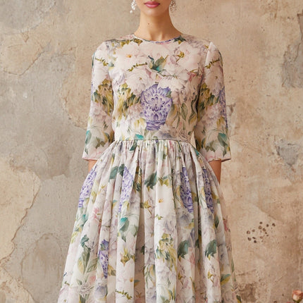 Marta Midi Dress in Neutrals floral print shirred effect flounce hem cinched waist half sleeves rear zip fastening